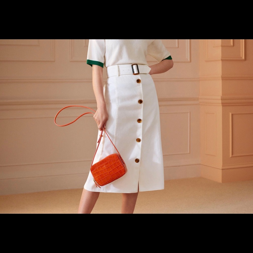LK Bennett White A-Line Skirt with Belt and Button Accents